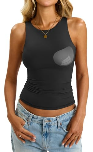EasyGala Womens Padded Tank Tops Built in Bra Double Lined High Neck Shirts Basic Slim Fitted Summer Going Out Top Black M