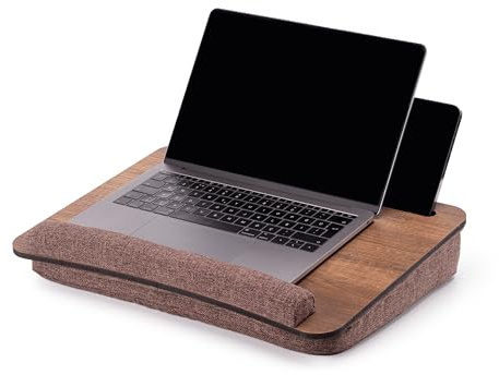 Vigo Wood Bandeja de Regazo para Portátil 16'' con Cojín y Soporte para Ratón y Teléfono, Escritorio Portátil de Madera para Sofá y Cama (Nogal Y Marrón)