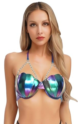 Hansber Soutiengorge sans Armatures Métallique Sirène Haut De Bikini Coquillage Perles Bustier Dos Nu Bralette Tenue Gogo Danse Rave Bleu XXL
