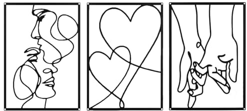 Shuqio Set di 3 pezzi di decorazione da parete in metallo minimalista per camera da letto e soggiorno - Design ispirato all'amore con baci, cuori e mani, perfetta decorazione da parete per