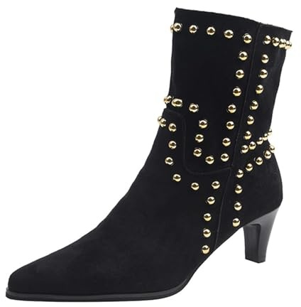 Stivaletti da donna a punta con tacco basso a forma di gattino, stivali con borchie in pelle scamosciata, scarpe invernali alla moda, Nero , 39.5 EU