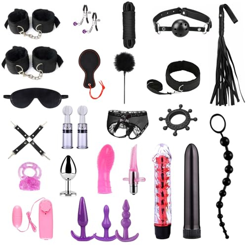Kit BDSM Bondage 26 Pezzi Qoosea per Coppie Manette Regolabili Cavigliere Collare con Set di Plug Anale Pinze per Capezzoli Frusta Benda per Sex Toys Vibranti per Giochi Sensuali per Adulti