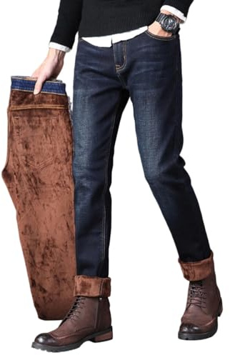 Oanviso Jeans Homme Hiver Chaud Doublure Polaire Thermique Pantalons en Denim Lâche Vintage Jean Business Jambe Large Pants de Costume B Bleu Foncé L