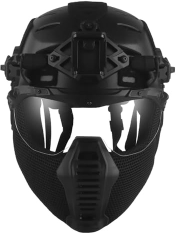 LZAQHMT Casco Tattico Militare Bump Set Completo Attrezzatura - Maschera Integrale Rete D'acciaio, Occhiali Softair Equipaggiamento Protettivo Per Caccia All'aperto Paintball Per Uomo,(BK)