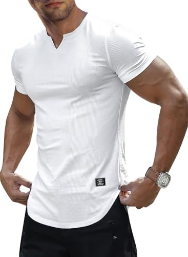JMIERR Mens Muscle Fit T Shirts Texture V Neck Longline Henley Gym Workout Athletic Tee Shirt,White,M