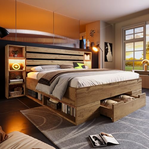 Ktipm Camas Matrimoniales Cama 160x200 cm con Cabecero de Almacenaje y Cajón, Cama Matrimonio con LED y Carga USB, Estructura Camas Doble con Compartimentos Abiertos, Sin Colchón, Color Roble