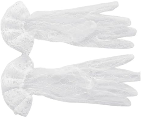 XILEUDUOD Brudhandskar, 1 par vita brudhandskar, korta handskar, helfingeriga, transparent, rombisk gasväv, volanger, spetskant, handleder, vantar, fest