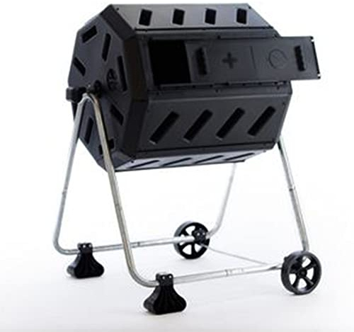 FCMP Outdoor IM4000-WK 37 Gallon Plastic Dual Chamber Tumbling Composter Outdoor Elevated Rotating Garden Compost Bin with Wheels, Black/Black