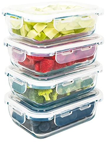 LG Luxury & Grace Lot de 4 Boîtes Alimentaires en Verre 600 ml. Récipient Hermétique. Boîtes de Conservation pour Micro-Ondes, Four, Lave-Vaisselle et Congélateur. Sans BPA.