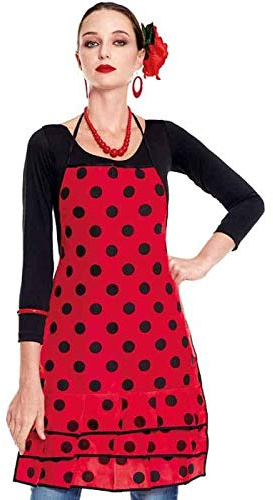 Delantal Sevillana Flamenca Lunares【Rojo Lunares Negros】| Accesorio Feria Abril Delantal Cocina Mujer Original 1 UNIDAD
