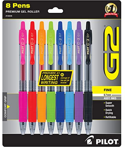 Pilot G2 Pens, Premium Refillable And Retractable Gel Ink Pens Fine Point (0.7mm), 8 Colors, 8 Count