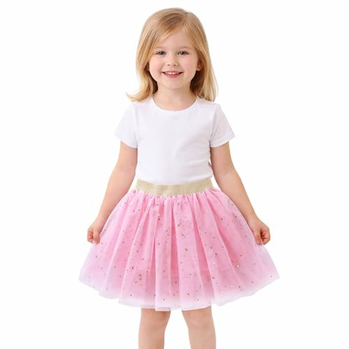 es-uk Girls Glitter Tulle Skirt with Gold Stars – Soft Elastic Waist Party Ballet Tutu for Toddlers & Kids Ages 2–10 – Holiday, Birthday & Dress-Up Dance Skirt (Pink, 6-7Years - 150)