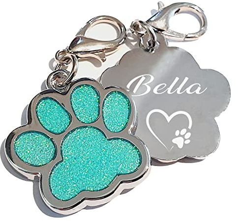 Edelstahl Hundemarke mit Gravur Glitzerpfote Plakette graviert Name Telefonnummer Adressanhänger personalisiert dog für Hunde oder Katzen (türkis), 27x29x2,20 mm (ca. 2 Euro Münze), PIU-HM-Pfote-01