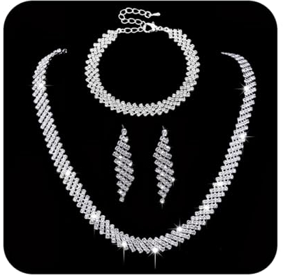 Ushiny Brautschmuck Set Silber Hochzeit Strass Schumuckset Glitzer Kette Ohrring und Armband Breit für Damen