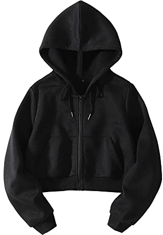 LOFAAC Women Fleece Full Zip Up Cropped Hoodie Sweatshirt 90s Long Sleeve Drawstring Hooded Crop Jacket Top(M,US,Women,Black)