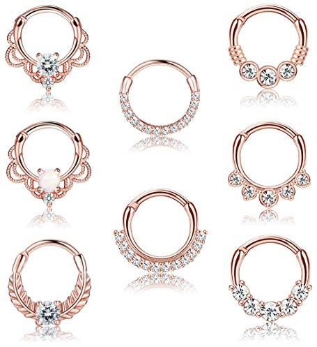 Morfetto 8PCS 16G Septum Clicker Ring Acier inoxydable CZ Opal Cartilage Helix Tragus Hoop Daith Boucles d’oreilles Nez Anneaux Hoop Hinged Segment Clicker Ring Piercing Bijoux Or Rose 10mm