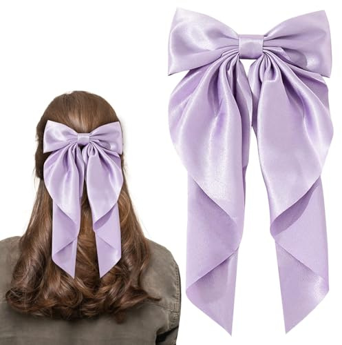 LECTNORE Purple Hair Bow - Large Bowknot Hair Clip for Women, Satin Silky Ribbons with Long Tail, French Barrette Hair Accessory for Girls Ponytail Holder