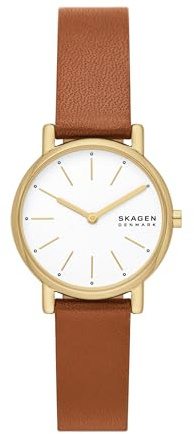Skagen Women's Signatur Lille Two-Hand Gold Stainless Steel and Brown Leather Band Watch (Model: SKW3121)