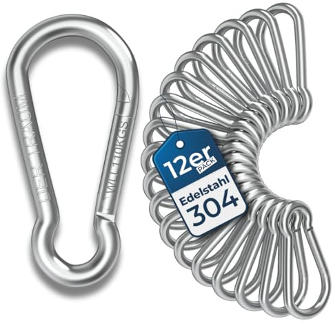 Der Traum Pack of 12 Stainless Steel Carabiner Hooks, 5 x 50 mm, Carabiner with Load Capacity of 110 kg, Ideal for Key Chains, Camping, Hiking, Travel, Fishing, Backpack (Silver)