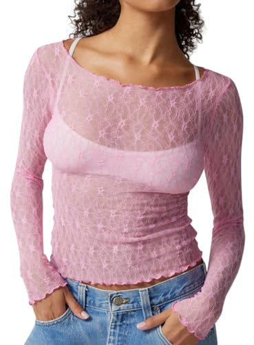 Minetom Femme Dentelle Sheer Mesh T-Shirt à Manches Longues Moulante Transparente Blouse Soirée Club Chemise Hauts Tops A Rose M