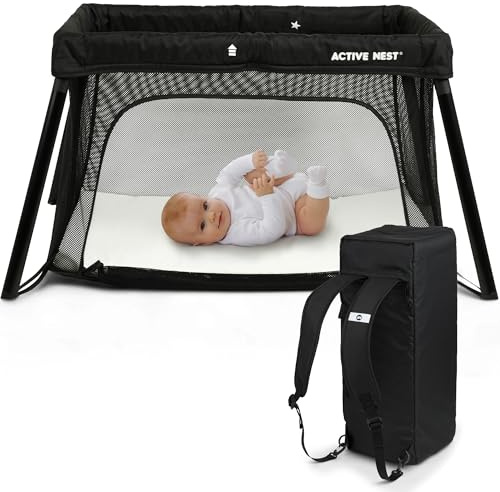 ACTIVE NEST 2-in-1 Baby Reisebett 0–3 Jahre – mobiles Babybett mit Komfortmatratze & Rucksack – Ultraleicht 6 kg – in nur 15 Sek. auf- und abgebaut – EN 716 geprüft – für Reisen & Zuhause