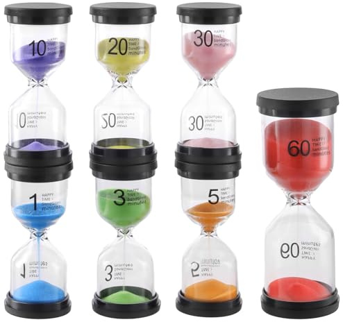 MUKSUET 7 PCS Multi-Color Sand Timers, 1min/3mins/5mins/10mins/20mins/30mins/60mins Rotating Hourglass Timer, Plastic Hourglass for Time Management Kitchen Office Decorations
