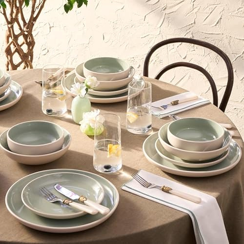 Karaca Abby Plates and Bowls Set for Stylish Tableware - Stoneware Dinner Sets for 6 People - Elegant and Durable Kitchen Dinnerware - Dishwasher Safe Crockery (24 Piece, Green)