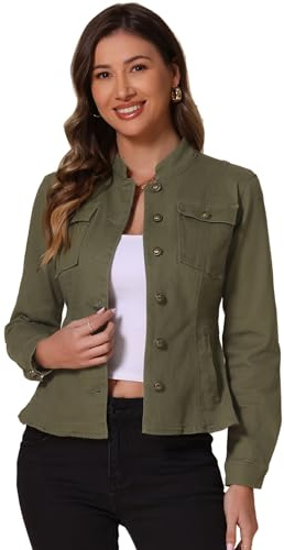 Allegra K Denim Jacket Womens Classic Stand Collar Long Sleeve Jean Jackets | 2026 Trendy, Button Front, Flap Chest Pockets, Stretchy Fabric, Washed, Vintage Inspired Style