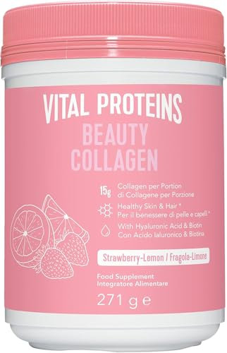 Vital Proteins Beauty Collagen con Acido Ialuronico e Biotina, integratore collagene idrolizzato in polvere, fragola limone,per pelle, capelli e unghie, 15g di peptidi di collagene per porzione, 271g