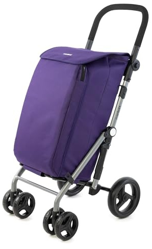 Carlett Carro de la Compra 4 Ruedas Plegable con Bolsa Extraíble 48L/25 kg y Bolsa Térmica 10L, Manillar Regulable, Freno de Seguridad, Convertible a 2 Ruedas, Ligero, Lite Duo, Color Morado