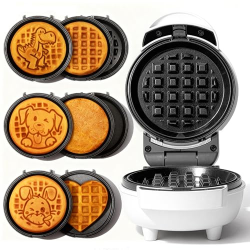 SugarWhisk 6-in-1 Mini Waffle Maker With Removable Plates, 4.5'' Mini Waffle Iron for Holiday, Halloween & Christmas Waffle Maker Machine, Premium Ceramic Coating, 8 Detchable Plates, White