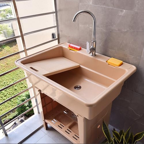 Lavello da Esterno Autoportante,Lavabo da Esterno in Plastica,Mobile Lavandino Lavanderia,Portatile Lavelli di Utilità con Rubinetto e Tubo Flessibile,per Cucina,Campeggio,Giardino(Coffee color,68x58x