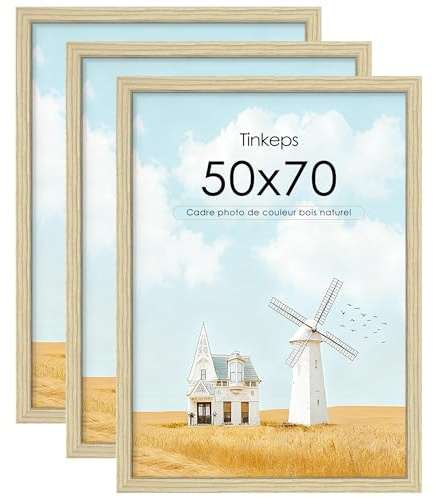Tinkeps Set di 3 Cornice 50x70 cm in MDF Effetto Legno Naturale, con Pannello Acrilico Trasparente e Infrangibile, da Appendere in Verticale o Orizzontale