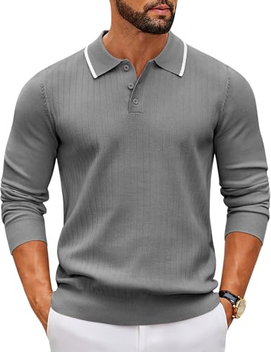 COOFANDY Maglione Uomo con Collo Polo Maniche Lunghe Maglia Leggera Fila di Bottoni Stile Casual Base Regular Fit Polo Uomo Grigio Scuro M
