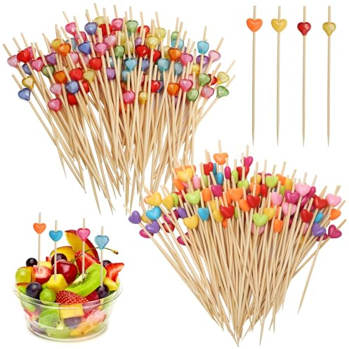 200 unidades de palillos de cóctel de madera con decoración de corazón colorido, pinchos de 12 cm, pinchos de madera para decoración de cócteles, pinchos de madera, pinchos para bar, tartas y fiestas