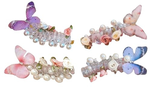 Lazos para el cabello en espiral para mujeres, 4 lazos para el cabello en espiral, sin daños, elásticos suaves retorcidos con mariposas, flores y perlas para mujeres y niñas