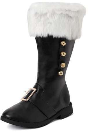 Bottes de Père Noël Adulte en Cuir avec Clochette Métallique et Bouche en Peluche, Cosplay Renaissance à Revers Blanc pour Déguisement Santa, Fête de Noël et Cadeau Festif