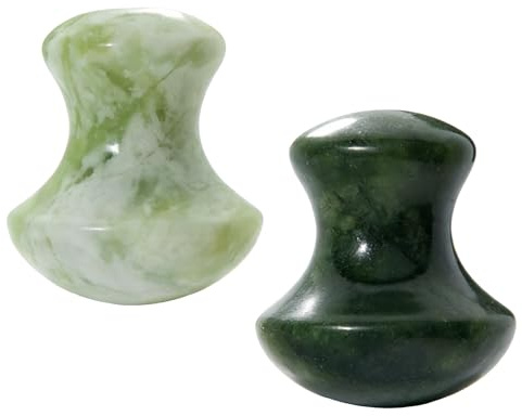 Gua Sha Facial de Jade Auténtico, 2 PCS Piedra Gua Sha y Rodillo, Masajeador Facial de Piedra Natural en Forma de Hongo para Masaje Facial, Tonificar y Reafirmar