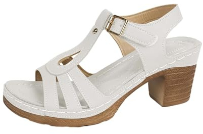 Sommarsandaler för kvinnor tjock häl öppen tå sandaler damer klackad sandal T-rem blockklack gladiatorsandal med justerbart spänne kil bred passform klänningsskor för fest bröllop kväll kontor, Vitt