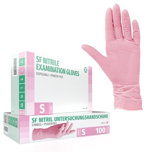 SF Guantes de nitrilo S rosas – 100 unidades, guantes desechables sin polvo, sin látex, médicos y de examen, aptos para cocina, limpieza, cosmética y uso doméstico