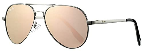 Pro Acme Gafas de sol de piloto polarizadas pequeñas para adultos y jóvenes, 52 mm, C6 - Marco plateado | Lente de espejo rosa, Lenswidth
