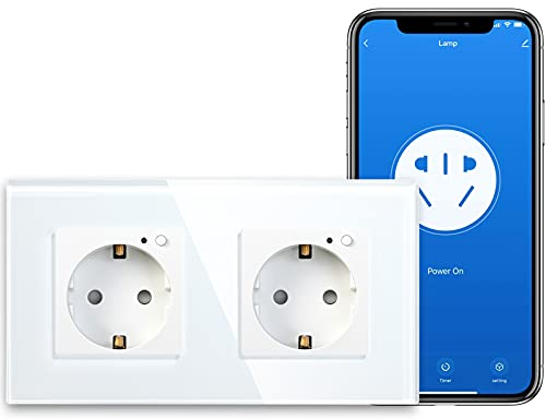 BSEED Schuko Wifi Steckdose 16A Smart Alexa Glassteckdose, 1 Pack Doppelsteckdose 2 Weg Weiß 157mm Unterputz-Installation APP-Steuerung Arbeit mit Alex DIY Free Spin Nur 2.4 GHz