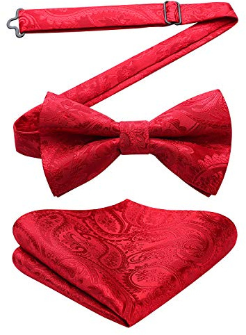 HISDERN Men's Solid Color Pre-tied Bow Tie Adjustable Tuxedo Two Layer Bow Tie and Pocket Square Set with Gift Box