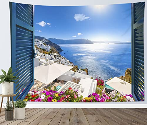 LB Summer Greek Tapestry Tropical Island Blue Sea Tapestry Wall Hanging Colorful Flowers European Art Poster Backdrop for Living Room Bedroom Garden Wall Decor,59x39 inch