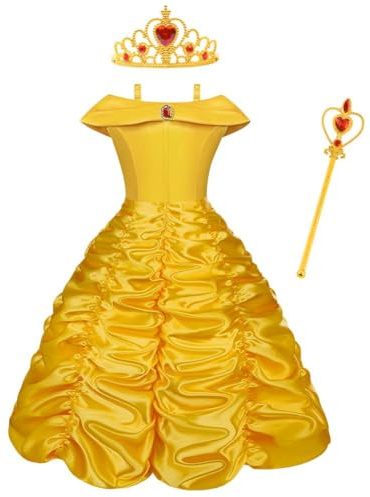 Vicloon Costume Belle pour en Enfant, 3pcs Deguisement Belle Deguisement de Belle et La Bête/Cape à Capuche Costume pour Cosplay Mariage Carnaval Fête d'anniversaire, Jaune, 120cm