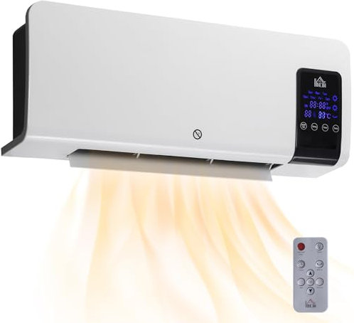 HOMCOM Calefactor Eléctrico Bajo Consumo, 1000W/2000W, Calefactor de Baño de Pared con Función de Oscilación, Pantalla LED, Protección contra Sobrecalentamiento, Temporizador, Mando a Distancia Blanco