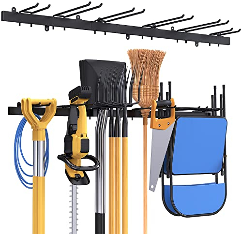 Bomclap Garagen Gerätehalter 46 inch, Metall Wandhaken 12 Haken Werkzeugregal Wand Werkzeughalter für Garagen Keller Werkstatt Besen Rechen Werkzeug Organizer (Schwarz-)