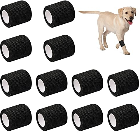 12 Rollen Selbstklebender Verband, 5 cm x 4,5 m Kohäsive Bandage, Vliesstoff Haftbandage, Elastische Klebebinde für Haustier Erste Hilfe Handgelenks Verstauchungen Schwellungen (Schwarz)