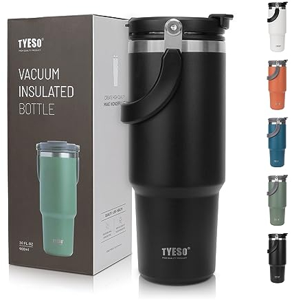 Riley Joy Thermobecher 900ml, 1200ml Trinkbecher mit Deckel und Strohhalm aus Edelstahl Isolation von Warm- und Kaltgetränken Kaffeebecher für Wasser, Kaffee oder Eistee (Schwarz, 900 ml)