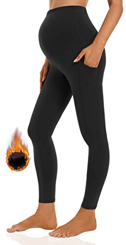 Foucome Women's Maternity Fleece Lined Leggings with Pockets Over The Belly Pregnancy Winter Warm Workout Yoga Pants (Black, L)